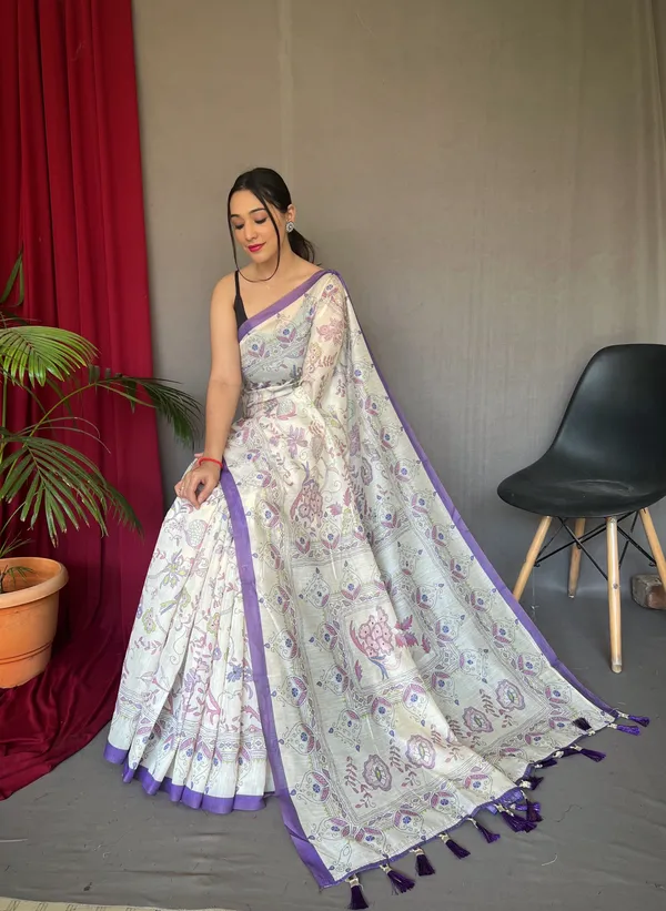 white_&_Purple_Pure_Malai_Cotton_Sarees_With_Katha_Print_Work_With_Blouse_Piece_Attached